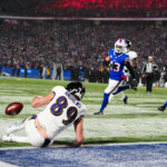 Jan 19, 2025; Orchard Park, New York, USA; Baltimore Ravens tight end Mark Andrews (89) drops a pass on a two-point conversion late in the fourth quarter against the Buffalo Bills in a 2025 AFC divisional round game at Highmark Stadium. Mandatory Credit: Gregory Fisher-Imagn Images