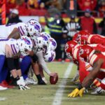 Jan 26, 2025; Kansas City, MO, USA; The Buffalo Bills offensive linemen line up against the Kansas City Chiefs defensive line during the first half in the AFC Championship game at GEHA Field at Arrowhead Stadium. Mandatory Credit: Mark J. Rebilas-Imagn Images