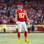 Jan 26, 2025; Kansas City, MO, USA; Kansas City Chiefs tight end Travis Kelce (87) against the Buffalo Bills during the AFC Championship game at GEHA Field at Arrowhead Stadium. Mandatory Credit: Mark J. Rebilas-Imagn Images