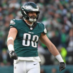 Jan 26, 2025; Philadelphia, PA, USA; Philadelphia Eagles tight end Dallas Goedert (88) against the Washington Commanders in the NFC Championship game at Lincoln Financial Field. Mandatory Credit: Eric Hartline-Imagn Images