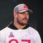 Jan 30, 2025; Orlando, FL, USA; AFC linebacker Joey Bosa during the Pro Bowl Skills Challenge at Nicholson Fieldhouse. Mandatory Credit: Kirby Lee-Imagn Images
