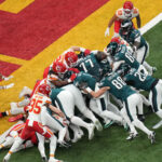 Tush push Feb 9, 2025; New Orleans, LA, USA; Philadelphia Eagles quarterback Jalen Hurts (1) rushes the ball for a touchdown against the Kansas City Chiefs during the first quarter in Super Bowl LIX at Caesars Superdome. Mandatory Credit: Kirby Lee-Imagn Images