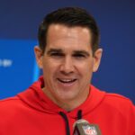 Feb 25, 2025; Indianapolis, IN, USA; New York Giants general manager Joe Schoen speaks during the NFL Scouting Combine at the Indiana Convention Center.