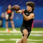 Mar 1, 2025; Indianapolis, IN, USA; Arkansas wideout Isaac Teslaa (WO41) during the 2025 NFL Combine at Lucas Oil Stadium.