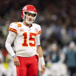 Feb 9, 2025; New Orleans, LA, USA; Kansas City Chiefs quarterback Patrick Mahomes (15) reacts against the Philadelphia Eagles in Super Bowl LIX at Ceasars Superdome. Mandatory Credit: Mark J. Rebilas-Imagn Images