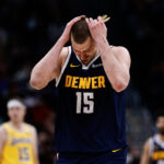Mar 14, 2025; Denver, Colorado, USA; Denver Nuggets center Nikola Jokic (15) in the fourth quarter against the Los Angeles Lakers at Ball Arena.