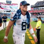 Tennessee Titans quarterback Will Levis (8) exits the field after losing 24-17 to the New York Jets in their home opener at Nissan Stadium in Nashville on Sept. 15, 2024.