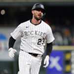 Apr 5, 2025; Denver, Colorado, USA; Colorado Rockies outfielder Kris Bryant (23) during the eighth inning against the Athletics at Coors Field. Mandatory Credit: Ron Chenoy-Imagn Images