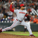 Apr 18, 2025; Baltimore, Maryland, USA; Cincinnati Reds pitcher Alexis Diaz (43) throws a pitch during the ninth inning against the Baltimore Orioles at Oriole Park at Camden Yards. Mandatory Credit: Reggie Hildred-Imagn Images