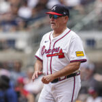 Apr 20, 2025; Cumberland, Georgia, USA; Atlanta Braves manager Brian Snitker (43) on the field during the game against the Minnesota Twins during the sixth inning at Truist Park. Mandatory Credit: Dale Zanine-Imagn Images