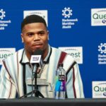 Apr 25, 2025; East Rutherford, NJ, US; New York Giants first round draft pick, Abdul Carter, takes questions from the media during his introduction press conference. New York Giants Mandatory Credit: Thomas Salus-Imagn Images