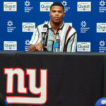 Apr 25, 2025; East Rutherford, NJ, US; New York Giants first round draft pick, Abdul Carter, takes questions from the media during his introduction press conference. New York Giants Mandatory Credit: Thomas Salus-Imagn Images