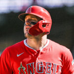 Apr 26, 2025; Minneapolis, Minnesota, USA; Los Angeles Angels outfielder Mike Trout (27) reacts after lining out during the ninth inning against the Minnesota Twins at Target Field. Mandatory Credit: Jeffrey Becker-Imagn Images
