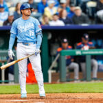 Apr 27, 2025; Kansas City, Missouri, USA; Kansas City Royals outfielder Hunter Renfroe (16) at bat during the seventh inning against the Houston Astros at Kauffman Stadium. Mandatory Credit: William Purnell-Imagn Images