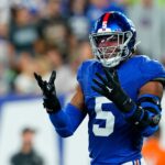 New York Giants linebacker Kayvon Thibodeaux (5) reacts to nearly intercepting Seattle Seahawks quarterback Geno Smith (not pictured) in the first half at MetLife Stadium on Monday, Oct. 2, 2023, in East Rutherford.