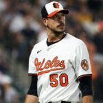 Apr 29, 2025; Baltimore, Maryland, USA; Baltimore Orioles pitcher Charlie Morton (50) walks off of the field during the fifth inning against the New York Yankees at Oriole Park at Camden Yards. Mandatory Credit: Daniel Kucin Jr.-Imagn Images