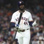 Apr 29, 2025; Houston, Texas, USA; Houston Astros designated hitter Yordan Alvarez (44) reacts after flying out during the sixth inning against the Detroit Tigers at Daikin Park. Mandatory Credit: Troy Taormina-Imagn Images