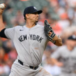 Apr 30, 2025; Baltimore, Maryland, USA; New York Yankees pitcher Carlos Carrasco (59) throws a pitch during the second inning against the Baltimore Orioles at Oriole Park at Camden Yards. Mandatory Credit: Reggie Hildred-Imagn Images