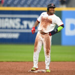 May 1, 2025; Cleveland, Ohio, USA; Cleveland Guardians designated hitter Jose Ramirez (11) smiles after stealing his 250th career stolen base during the tenth inning against the Minnesota Twins at Progressive Field. Mandatory Credit: Ken Blaze-Imagn Images