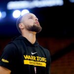 May 2, 2025; San Francisco, California, USA; Golden State Warriors guard Stephen Curry (30) stands on the court against the Houston Rockets before the start of game six of the first round for the 2025 NBA Playoffs at Chase Center.