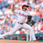 May 3, 2025; Philadelphia, Pennsylvania, USA; Philadelphia Phillies pitcher Aaron Nola (27) pitches against the Arizona Diamondbacks during the first inning at Citizens Bank Park. Mandatory Credit: Bill Streicher-Imagn Images