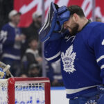 May 5, 2025; Toronto, Ontario, CAN; Toronto Maple Leafs goaltender Anthony Stolarz (41) grimaces after a collission with Florida Panthers forward Sam Bennett (not pictured) during the second period of the second round of the 2025 Stanley Cup Playoffs at Scotiabank Arena. Mandatory Credit: John E. Sokolowski-Imagn Images