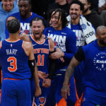 May 5, 2025; Boston, Massachusetts, USA; New York Knicks guard Jalen Brunson (11) reacts with teammates after defeating the Boston Celtics in overtime during game one of the second round for the 2025 NBA Playoffs at TD Garden.