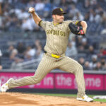May 6, 2025; Bronx, New York, USA; San Diego Padres starting pitcher Michael King (34) pitches in the first inning against the New York Yankees at Yankee Stadium. Mandatory Credit: Wendell Cruz-Imagn Images