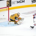 May 6, 2025; Las Vegas, Nevada, USA; Edmonton Oilers right wing Connor Brown (28) scores on a breakaway against Vegas Golden Knights goaltender Adin Hill (33) during the third period of game one of the second round of the 2025 Stanley Cup Playoffs at T-Mobile Arena. Mandatory Credit: Stephen R. Sylvanie-Imagn Images