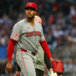 May 7, 2025; Atlanta, Georgia, USA; Cincinnati Reds starting pitcher Hunter Greene (21) leaves the game with an injury against the Atlanta Braves in the fourth inning at Truist Park. Mandatory Credit: Brett Davis-Imagn Images