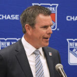 May 8, 2025; Tarrytown, NY, USA; New York Rangers head coach Mike Sullivan is introduced during a press conference at the MSG Training Center in Tarrytown, New York May 8, 2025. Mandatory Credit: Peter Carr/USA TODAY NETWORK via Imagn Images