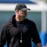 Detroit Lions head coach Dan Campbell watches practice during rookie mini camp at Meijer Performance Center in Allen Park on Friday, May 9, 2025.