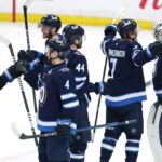 May 9, 2025; Winnipeg, Manitoba, CAN; Winnipeg Jets celebrate their victory over the Dallas Stars in game two of the second round of the 2025 Stanley Cup Playoffs at Canada Life Centre. Mandatory Credit: James Carey Lauder-Imagn Images