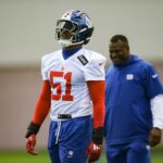 May 10, 2025; East Rutherford, NJ, USA; New York Giants linebacker Abdul Carter (51) during rookie minicamp at Quest Diagnostics Training Center.