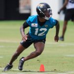 Jacksonville Jaguars wide receiver Travis Hunter (12) runs a route during a rookie minicamp at Miller Electric Center Saturday, May 10, 2025 in Jacksonville, Fla. [Corey Perrine/Florida Times-Union]
