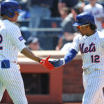 May 11, 2025; New York City, New York, USA; New York Mets shortstop Francisco Lindor (12) celebrates with right fielder Juan Soto (22) after hitting a solo home run during the eighth inning against the Chicago Cubs at Citi Field. Mandatory Credit: Vincent Carchietta-Imagn Images
