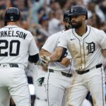 May 12, 2025; Detroit, Michigan, USA; Detroit Tigers outfielder Riley Greene (31) receives congratulations from first base Spencer Torkelson (20) after he hits a three rum hits an RBI single third inning against the Boston Red Sox at Comerica Park. Mandatory Credit: Rick Osentoski-Imagn Images