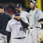 May 14, 2025; Arlington, Texas, USA; Colorado Rockies pitcher Antonio Senzatela (49) leaves the game during the fifth inning against the Texas Rangers at Globe Life Field. Mandatory Credit: Tim Heitman-Imagn Images