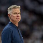 Steve Kerr May 14, 2025; Minneapolis, Minnesota, USA; Golden State Warriors head coach Steve Kerr looks on against the Minnesota Timberwolves in the second half during game five of the second round for the 2025 NBA Playoffs at Target Center.