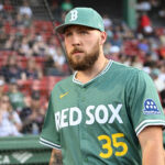 May 16, 2025; Boston, Massachusetts, USA; Boston Red Sox starting pitcher Garrett Crochet (35) walks out of the dugout before the start of a game against the Atlanta Braves at Fenway Park. Mandatory Credit: Eric Canha-Imagn Images