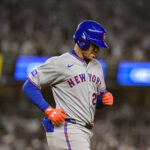 May 16, 2025; Bronx, New York, USA; New York Mets outfielder Juan Soto (22) reacts after grounding out against the New York Yankees during the seventh inning at Yankee Stadium. Mandatory Credit: John Jones-Imagn Images