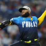 May 16, 2025; Philadelphia, Pennsylvania, USA; Philadelphia Phillies pitcher Jos Alvarado (46) pitches during the ninth inning against the Pittsburgh Pirates at Citizens Bank Park. Mandatory Credit: Bill Streicher-Imagn Images