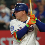 May 17, 2025; Arlington, Texas, USA; Texas Rangers first baseman Joc Pederson (4) bats during the second inning against the Houston Astros at Globe Life Field. Mandatory Credit: Raymond Carlin III-Imagn Images