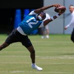 Jacksonville Jaguars wide receiver Travis Hunter (12) catches a pass during the first organized team activity at Miller Electric Center Monday, May 19, 2025 in Jacksonville, Fla.