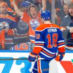 May 25, 2025; Edmonton, Alberta, CAN; Edmonton Oilers left wing Zach Hyman (18) celebrates after he scores a goal against the Dallas Stars during the third period in game three of the Western Conference Final of the 2025 Stanley Cup Playoffs at Rogers Place. Mandatory Credit: Perry Nelson-Imagn Images