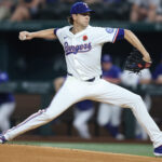 May 26, 2025; Arlington, Texas, USA; Texas Rangers pitcher Jacob deGrom (48) throws a pitch during the first inning against the Toronto Blue Jays at Globe Life Field. Mandatory Credit: Tim Heitman-Imagn Images