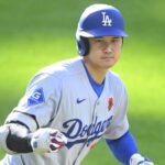 May 26, 2025; Cleveland, Ohio, USA; Los Angeles Dodgers designated hitter Shohei Ohtani (17) celebrates his solo home run in the first inning against the Cleveland Guardians at Progressive Field. Mandatory Credit: David Richard-Imagn Images