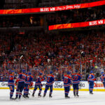 May 27, 2025; Edmonton, Alberta, CAN; The Edmonton Oilers celebrate the victory over the Dallas Stars in game four of the Western Conference Final of the 2025 Stanley Cup Playoffs at Rogers Place. Mandatory Credit: Perry Nelson-Imagn Images