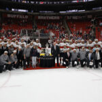 May 28, 2025; Raleigh, North Carolina, USA; Florida Panthers pose with the Prince of Wales Trophy as they advance to the finals after wining against the Carolina Hurricanes in game five of the Eastern Conference Final of the 2025 Stanley Cup Playoffs at Lenovo Center. Mandatory Credit: Geoff Burke-Imagn Images