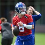 May 10, 2025; East Rutherford, NJ, USA; New York Giants quarterback Jaxson Dart (6) throws a pass during rookie minicamp at Quest Diagnostics Training Center.